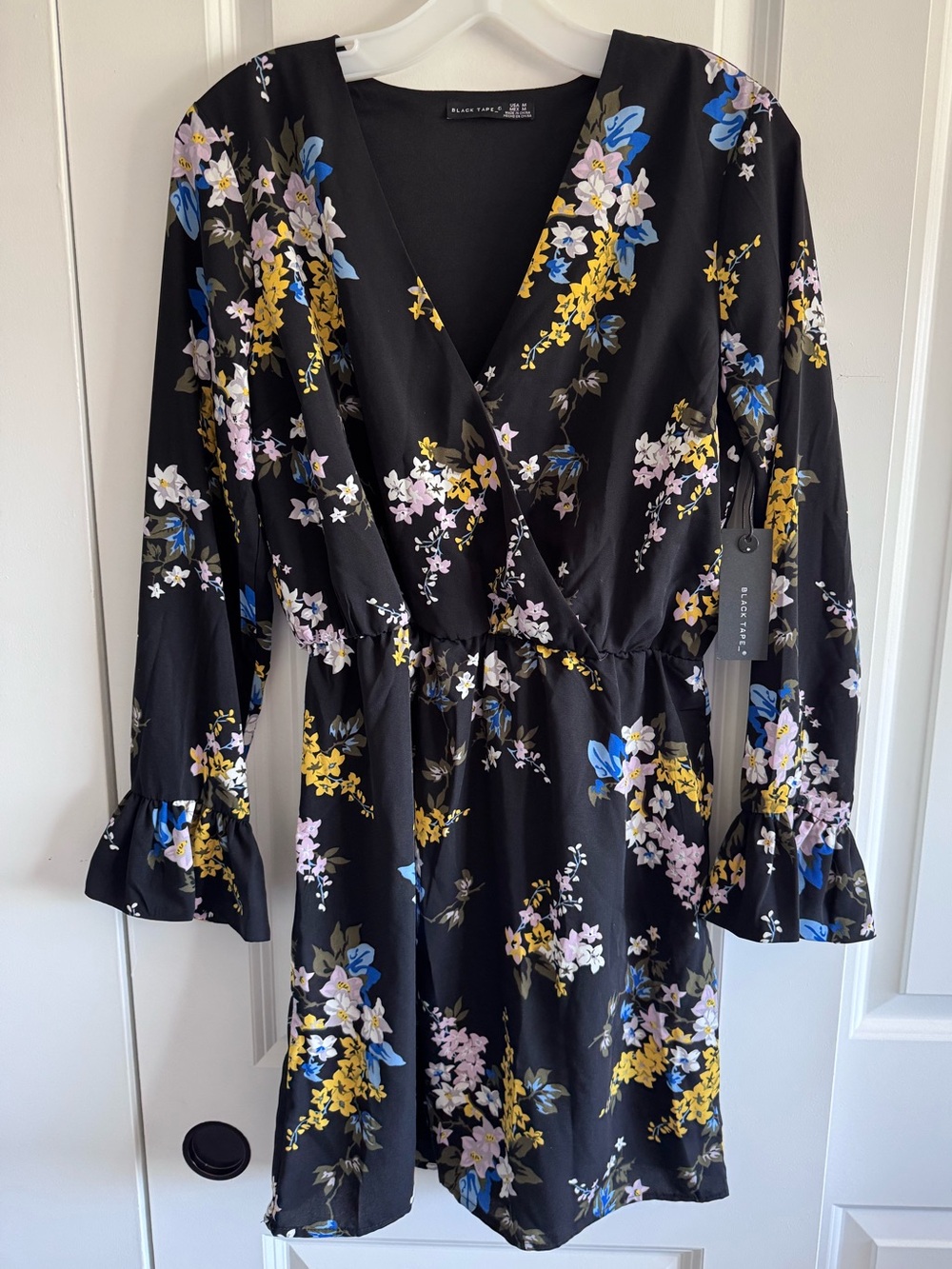 Black Tape_ Black Floral Wrap Mini Dress with Yellow & Blue Accents